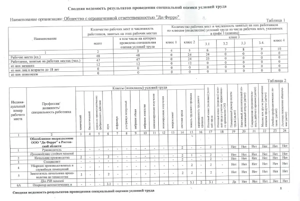 Сводная ведомость результатов проведения СОУТ Ростов 2024